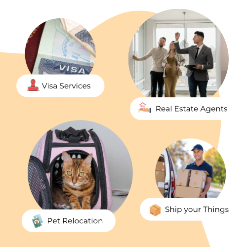 Small photos of a Visa Stamp, a real estate agent showing a house to a couple, a cal in a pet carrier and a transport man carrying boxes. This symbolises some of the Relocation Services you can book on Matutto.